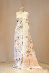 White Linen Saree with Digital Floral Vine Print & Pearl Lace