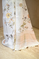 White Linen Saree with Digital Floral Vine Print & Pearl Lace