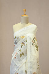 White Linen Saree with Digital Floral Vine Print & Pearl Lace