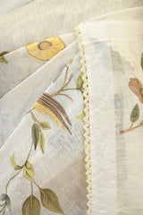 White Linen Saree with Digital Floral Vine Print & Pearl Lace