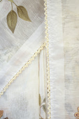White Linen Saree with Digital Floral Vine Print & Pearl Lace