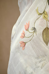 White Linen Saree with Digital Floral Vine Print & Pearl Lace
