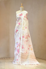 Ivory Linen Saree with Digital Floral Vine Print & Pearl Lace