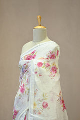 Ivory Linen Saree with Digital Floral Vine Print & Pearl Lace