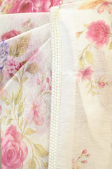 Ivory Linen Saree with Digital Floral Vine Print & Pearl Lace