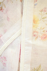 Ivory Linen Saree with Digital Floral Vine Print & Pearl Lace