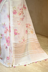 Ivory Linen Saree with Digital Floral Vine Print & Pearl Lace