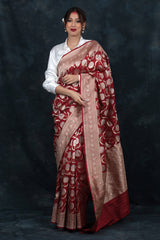 Women In Red Ethnic Handwoven Banarasi Katan Silk Saree At Chinaya Banaras