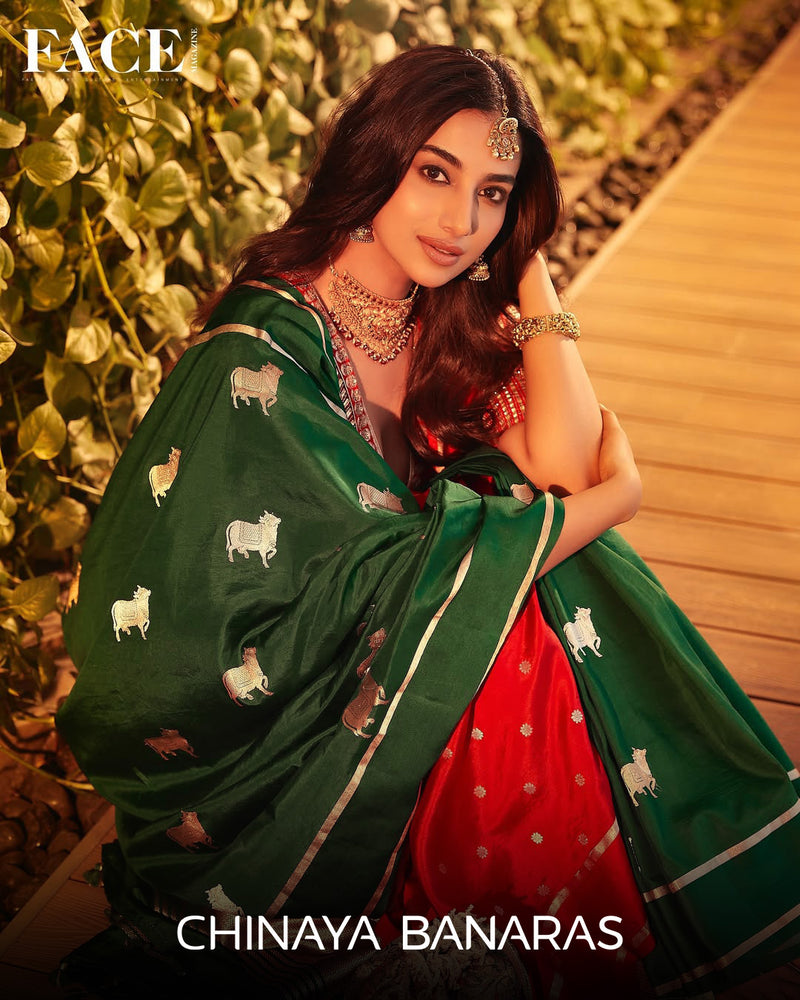 Meenakshi Chaudhary in Red and Green Banarasi Saree, Bollywood Saree, Celebrity Saree Shop, Chinaya Banaras