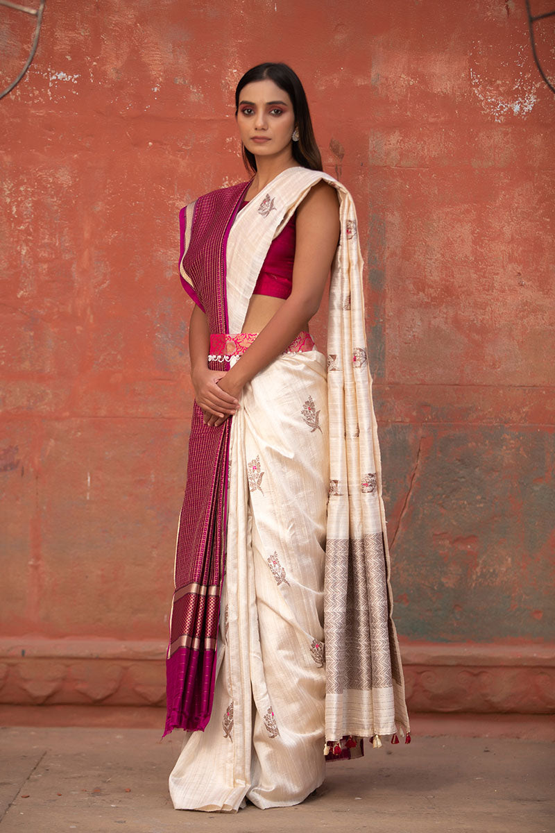 Swan White Ethnic Handwoven Raw Silk Saree - Chinaya Banaras