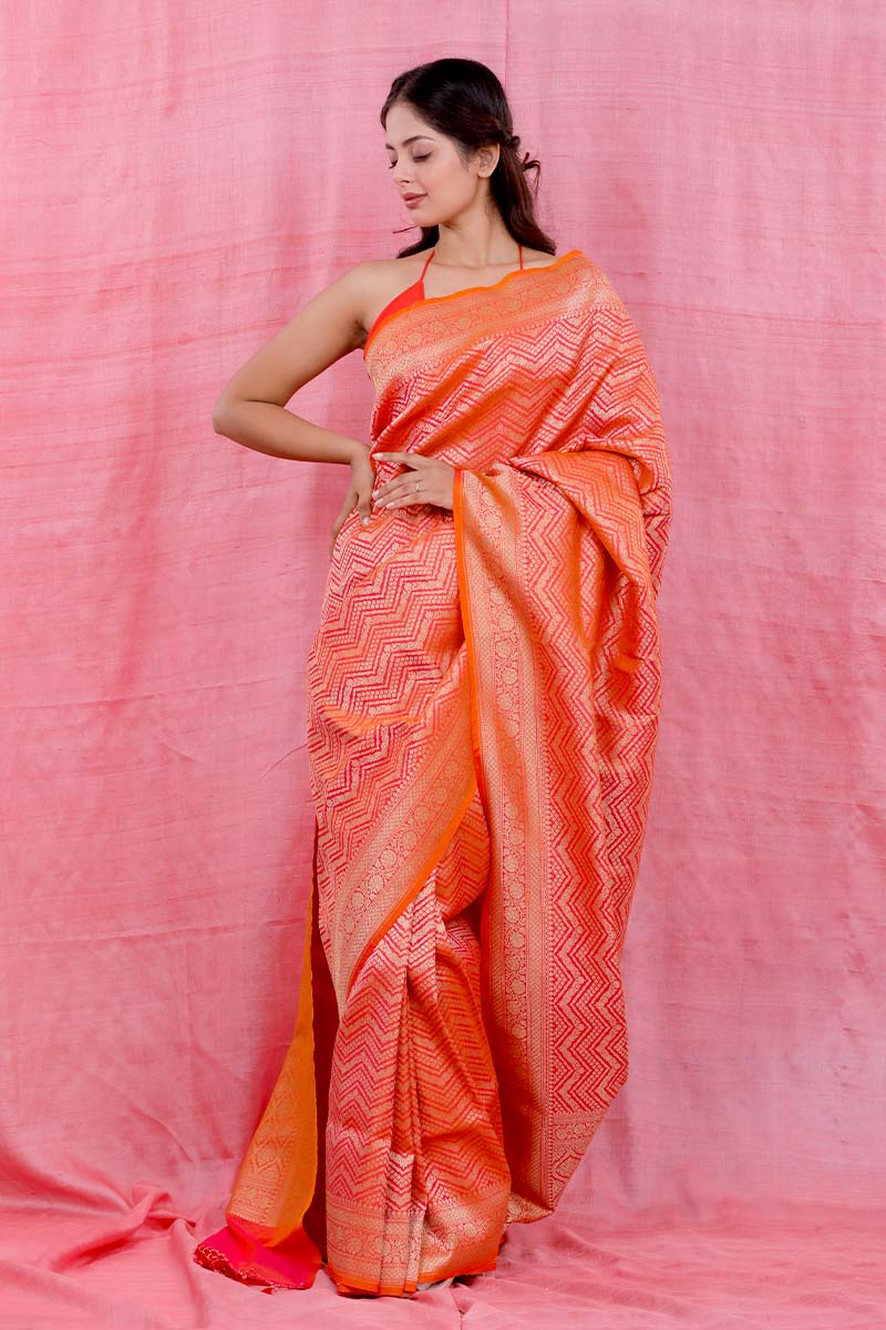 Women in Tangerine Woven Casual Silk Saree At Chinaya Banaras