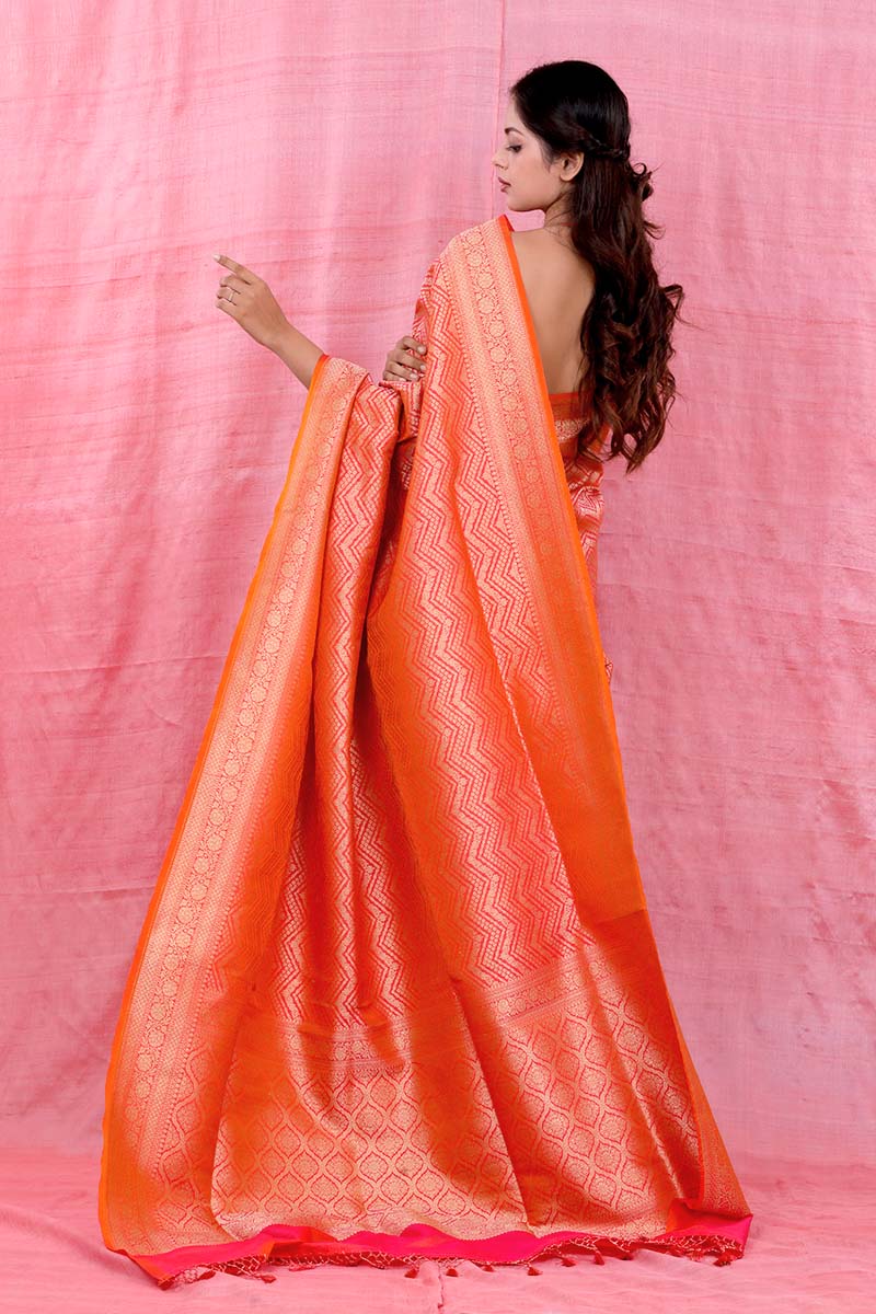 Tangerine Striped Woven Casual Silk Saree - Chinaya Banaras