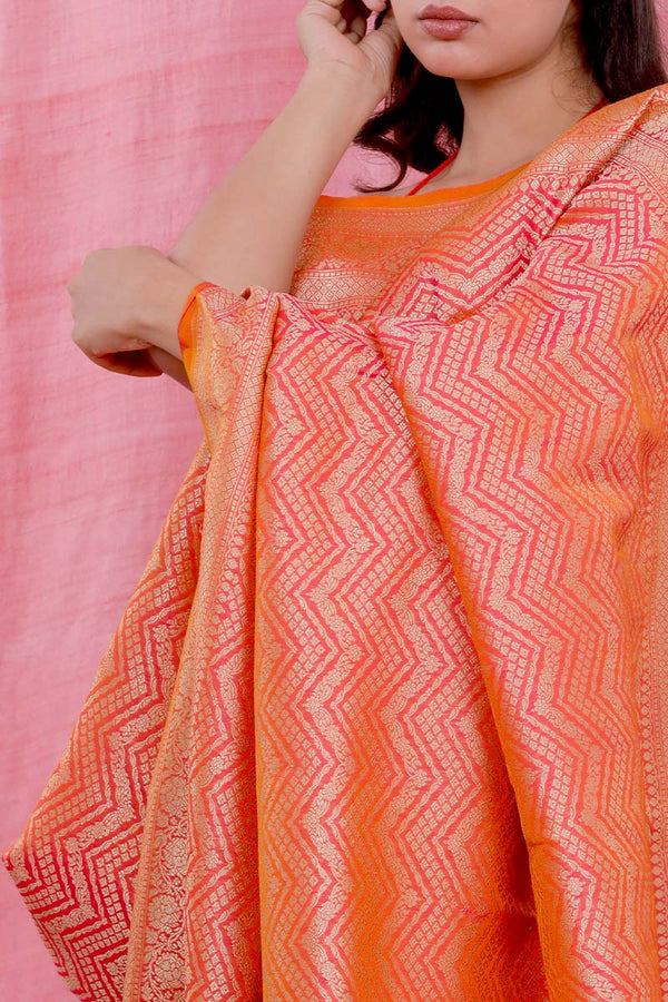 Tangerine Striped Woven Casual Silk Saree - Chinaya Banaras