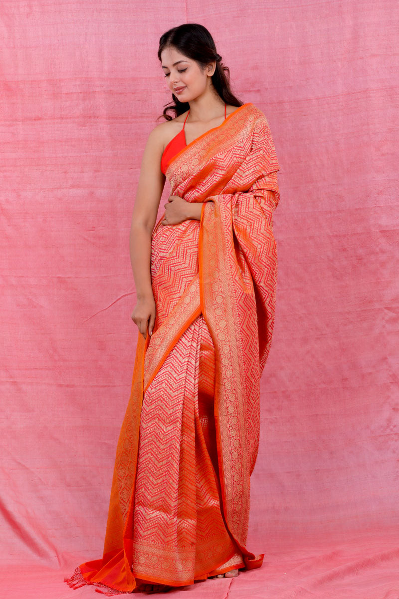 Tangerine Striped Woven Casual Silk Saree - Chinaya Banaras