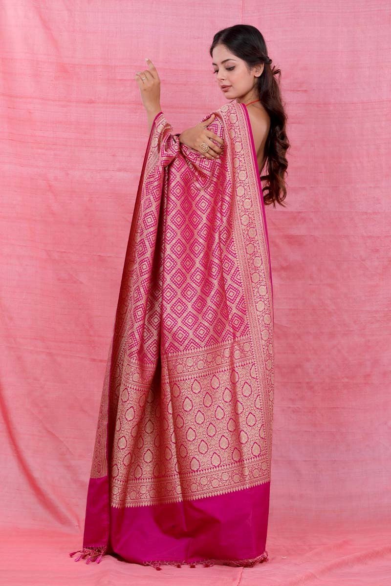 Rani Pink Geometrical Woven Casual Silk Saree - Chinaya Banaras