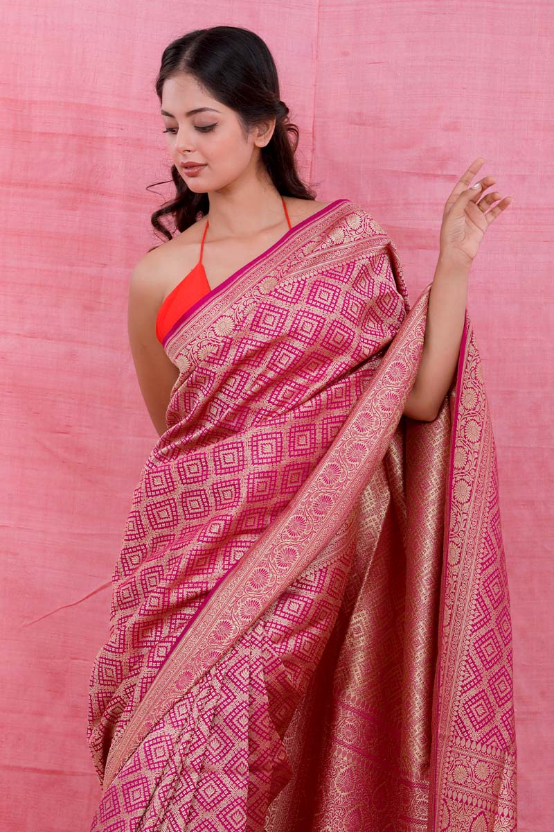 Rani Pink Geometrical Woven Casual Silk Saree