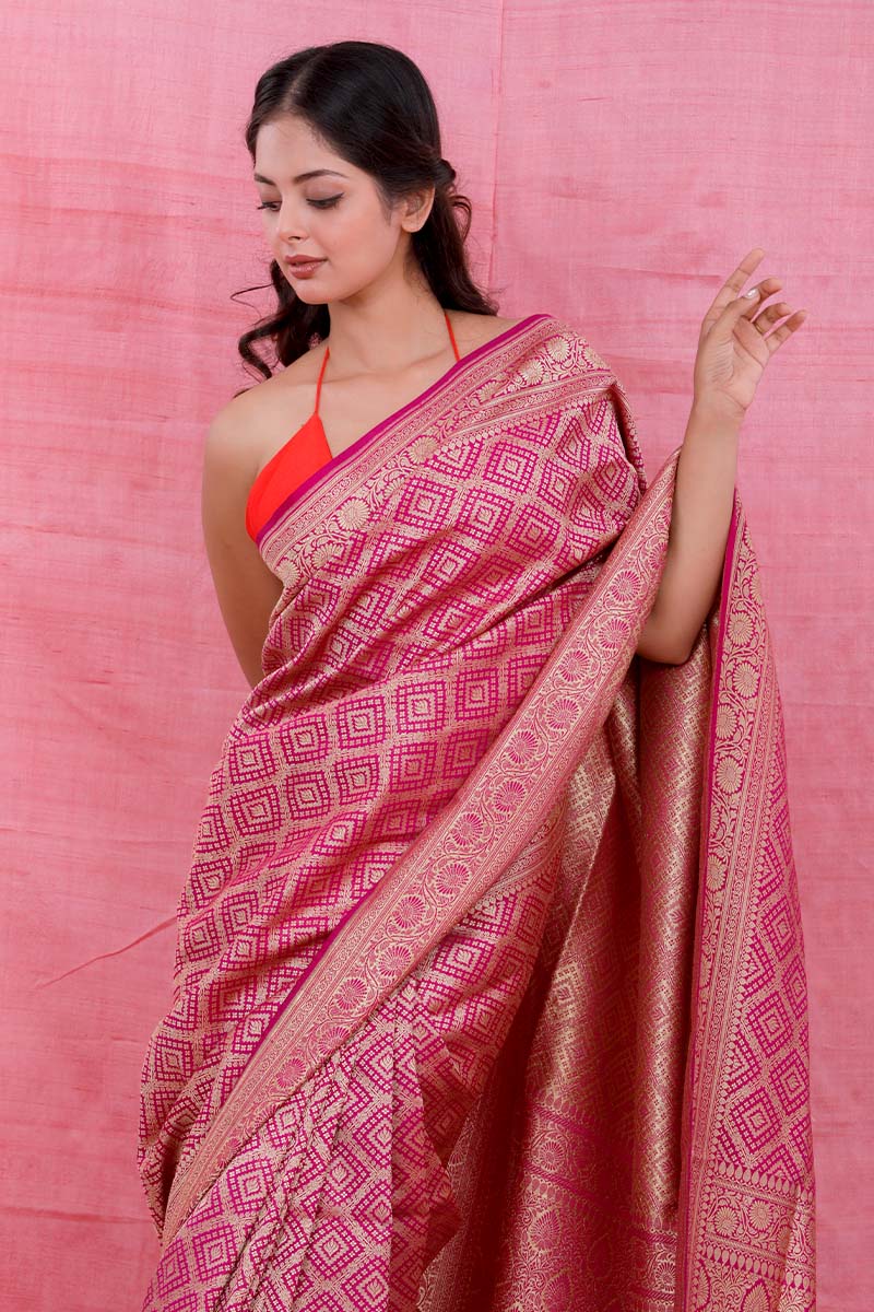 Rani Pink Geometrical Woven Casual Silk Saree - Chinaya Banaras
