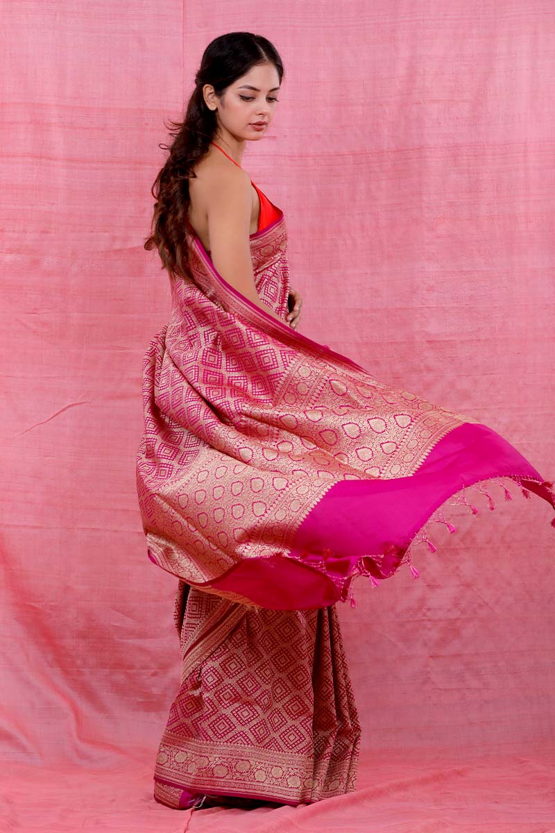 Rani Pink Geometrical Woven Casual Silk Saree - Chinaya Banaras