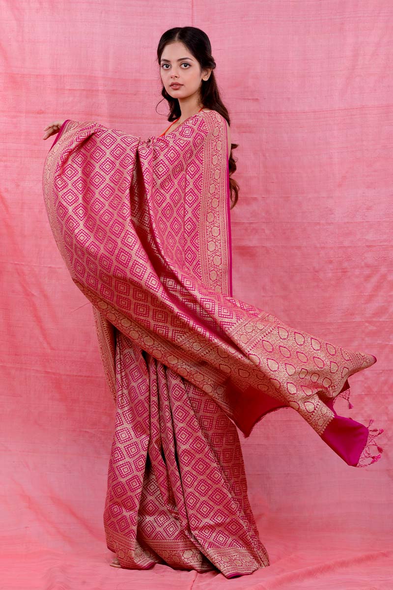 Rani Pink Geometrical Woven Casual Silk Saree