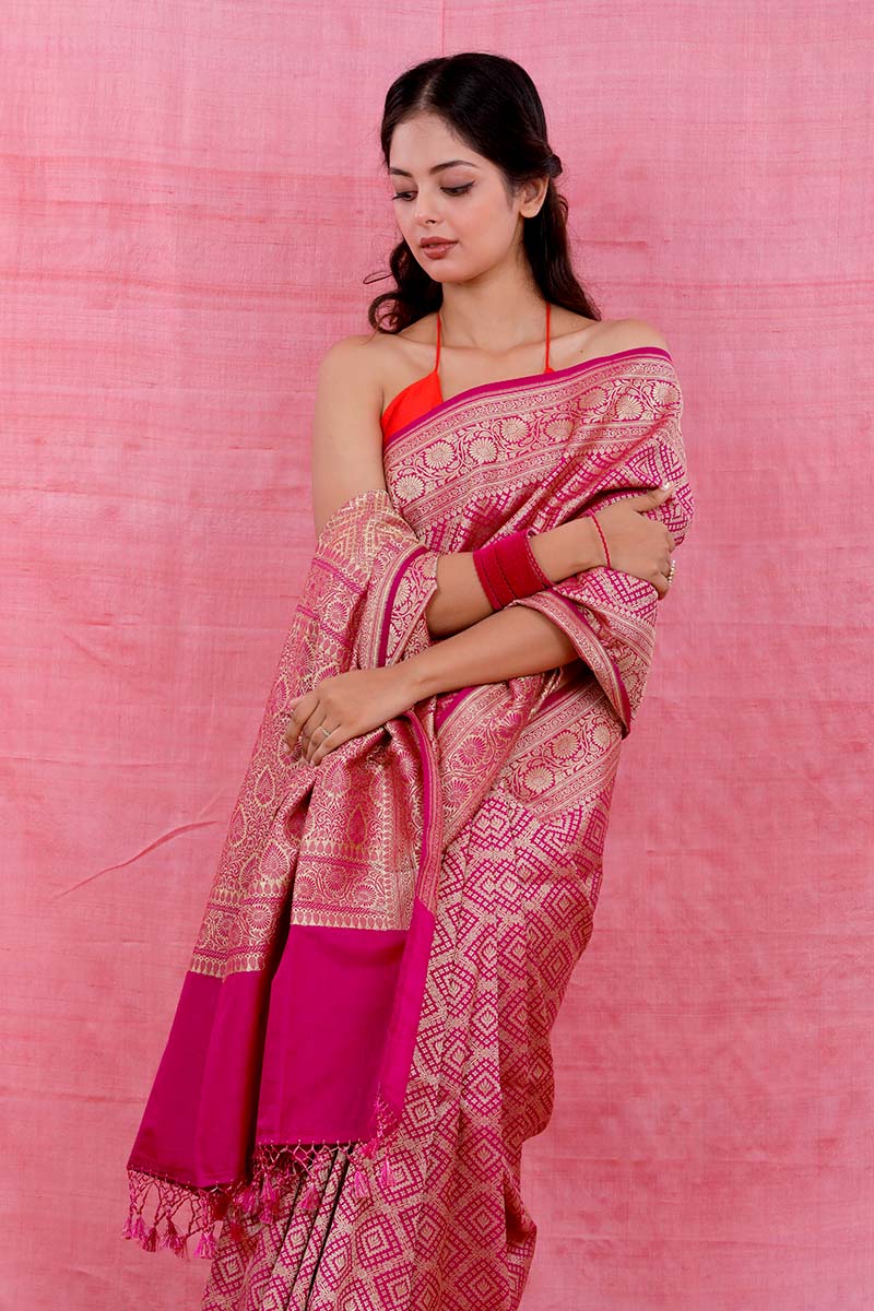 Rani Pink Geometrical Woven Casual Silk Saree