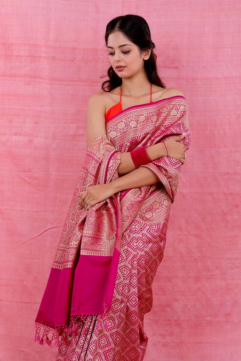 Rani Pink Geometrical Woven Casual Silk Saree - Chinaya Banaras