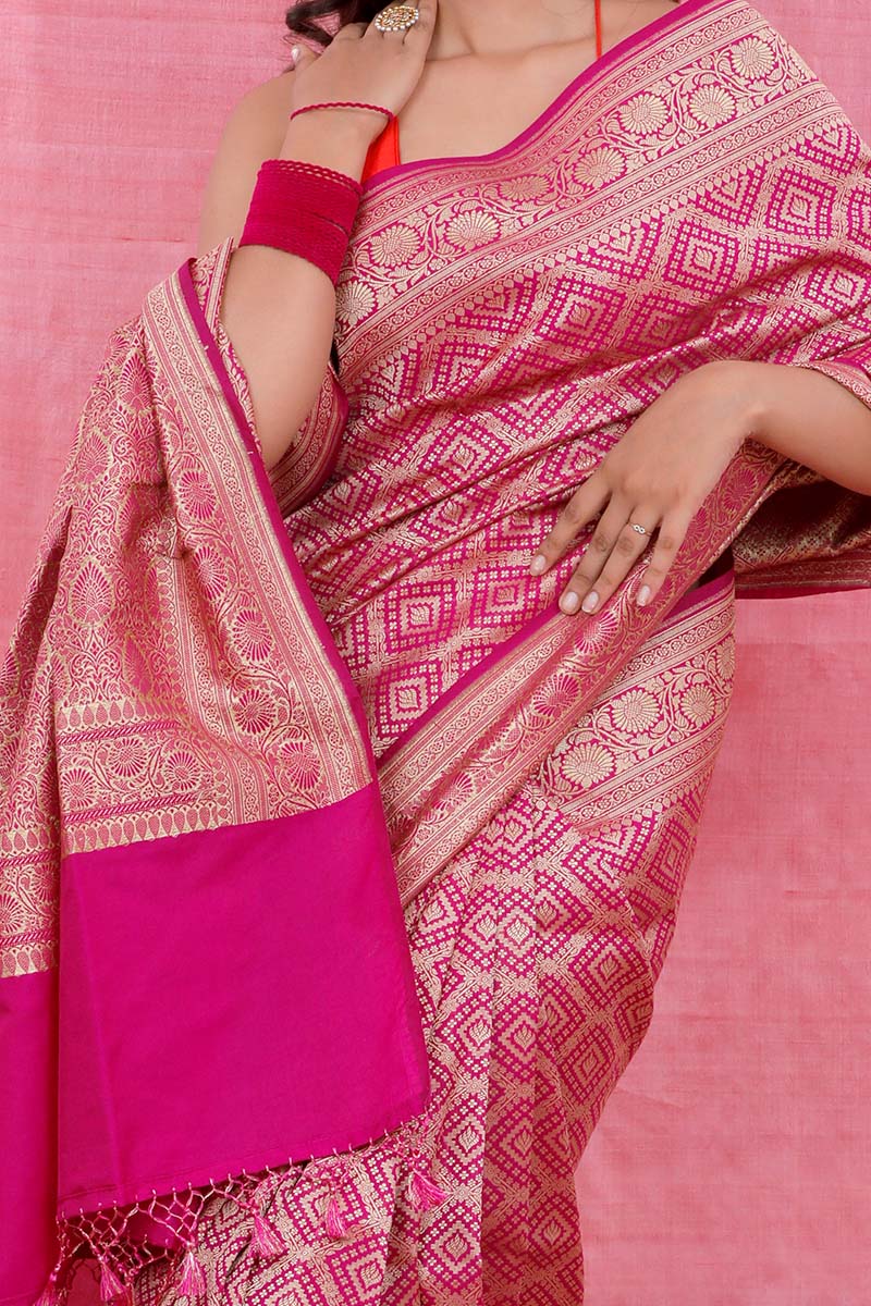 Rani Pink Geometrical Woven Casual Silk Saree - Chinaya Banaras