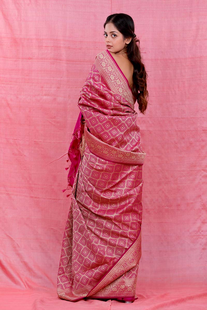 Rani Pink Geometrical Woven Casual Silk Saree - Chinaya Banaras