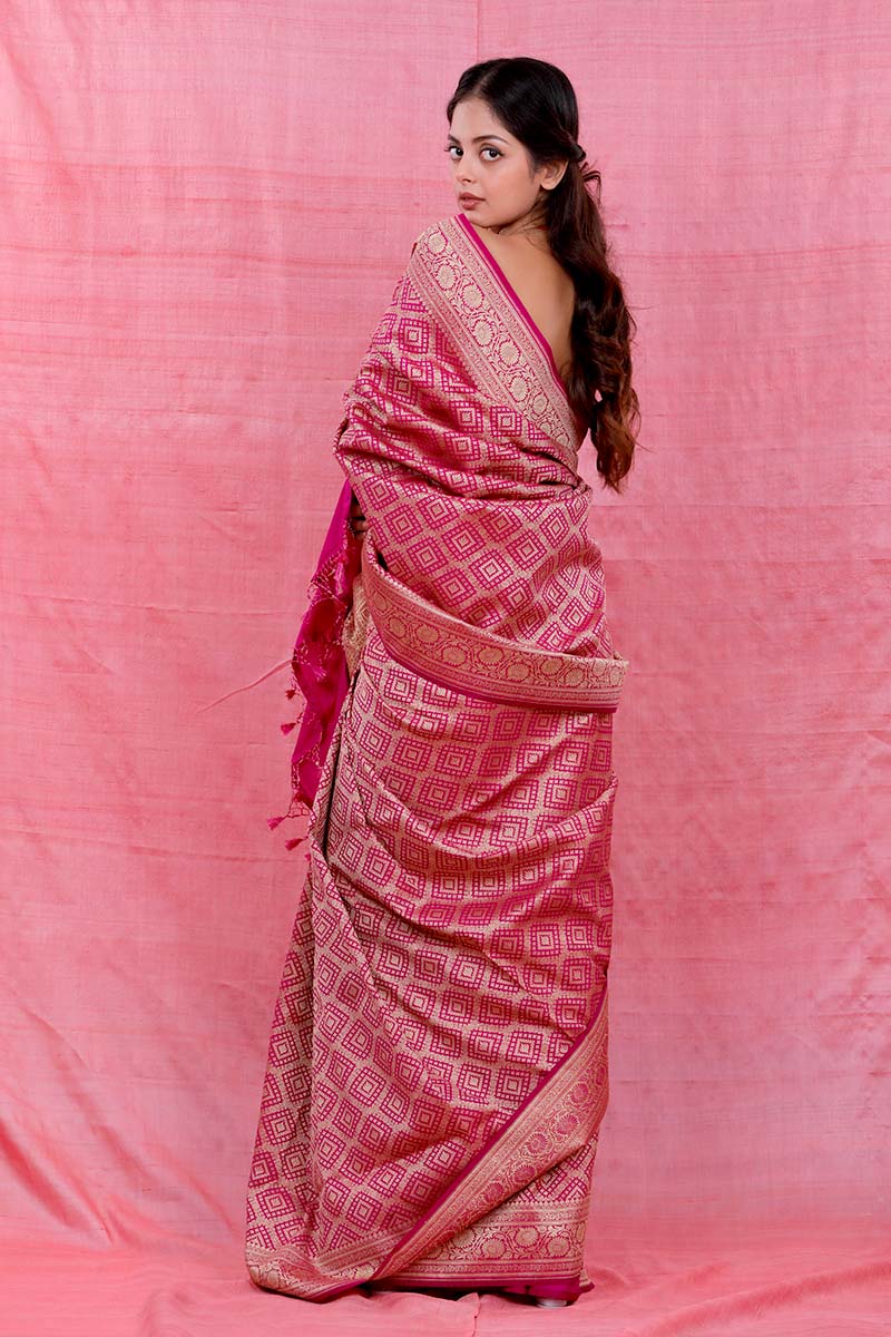 Rani Pink Geometrical Woven Casual Silk Saree