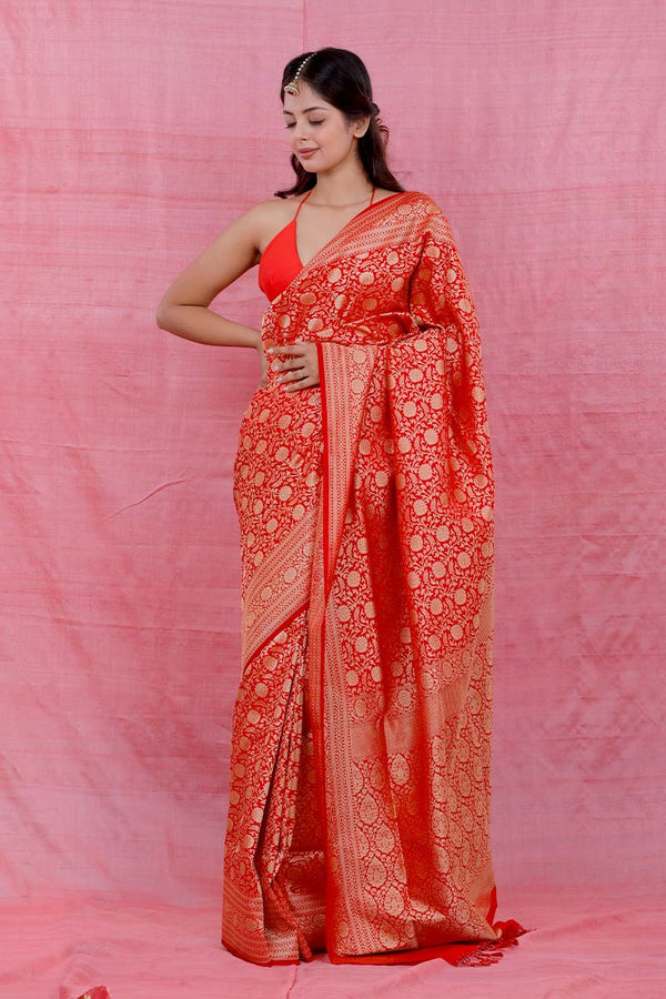 Tomato Red Floral Party wear Silk Saree 