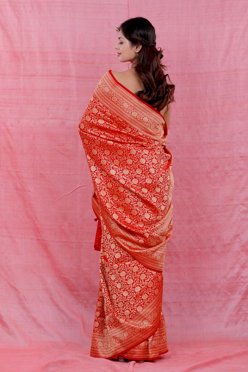 Tomato Red Floral Jaal Woven Casual Saree - Chinaya Banaras