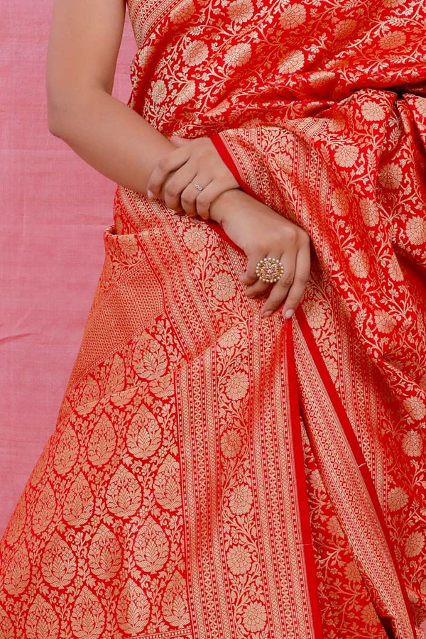 Tomato Red Floral Jaal Woven Casual Saree