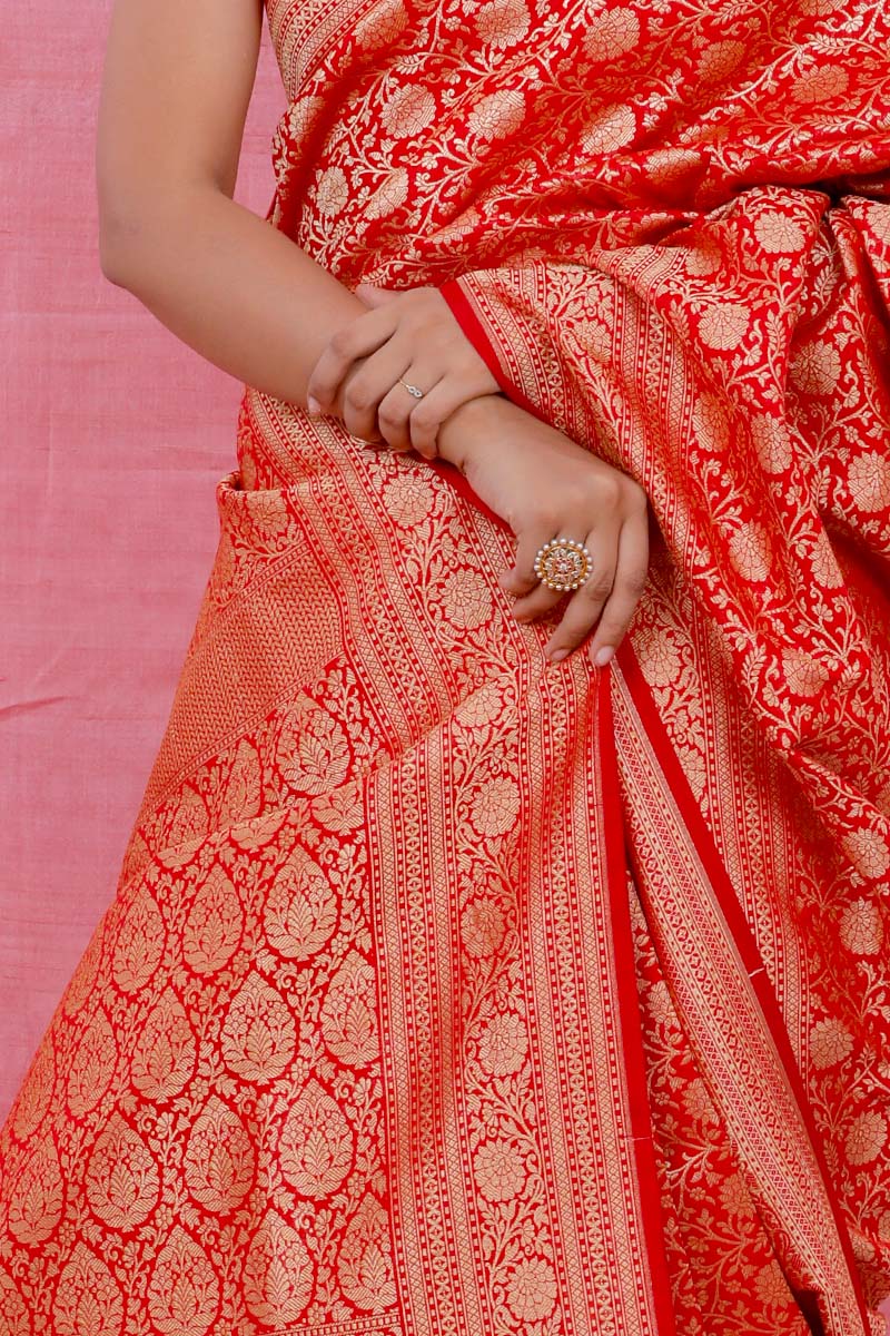 Tomato Red Floral Jaal Woven Casual Saree - Chinaya Banaras