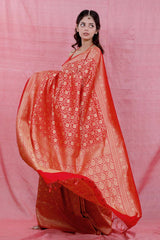 Tomato Red Floral Jaal Woven Casual Saree - Chinaya Banaras