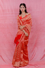 Tomato Red Floral Jaal Woven Casual Saree - Chinaya Banaras