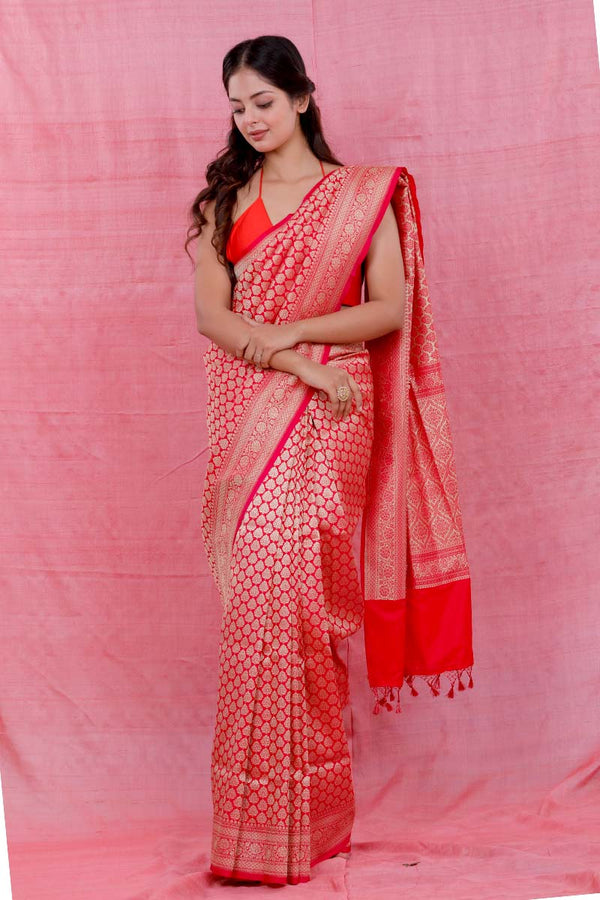 Bright Red Ethnic Woven Casual Silk Saree for Pary
