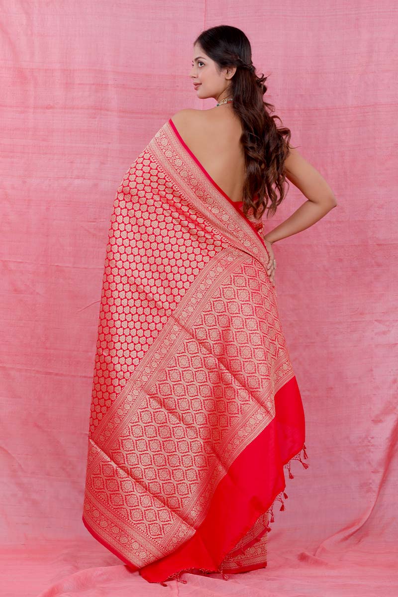 Bright Red Ethnic Woven Casual Silk Saree - Chinaya Banaras