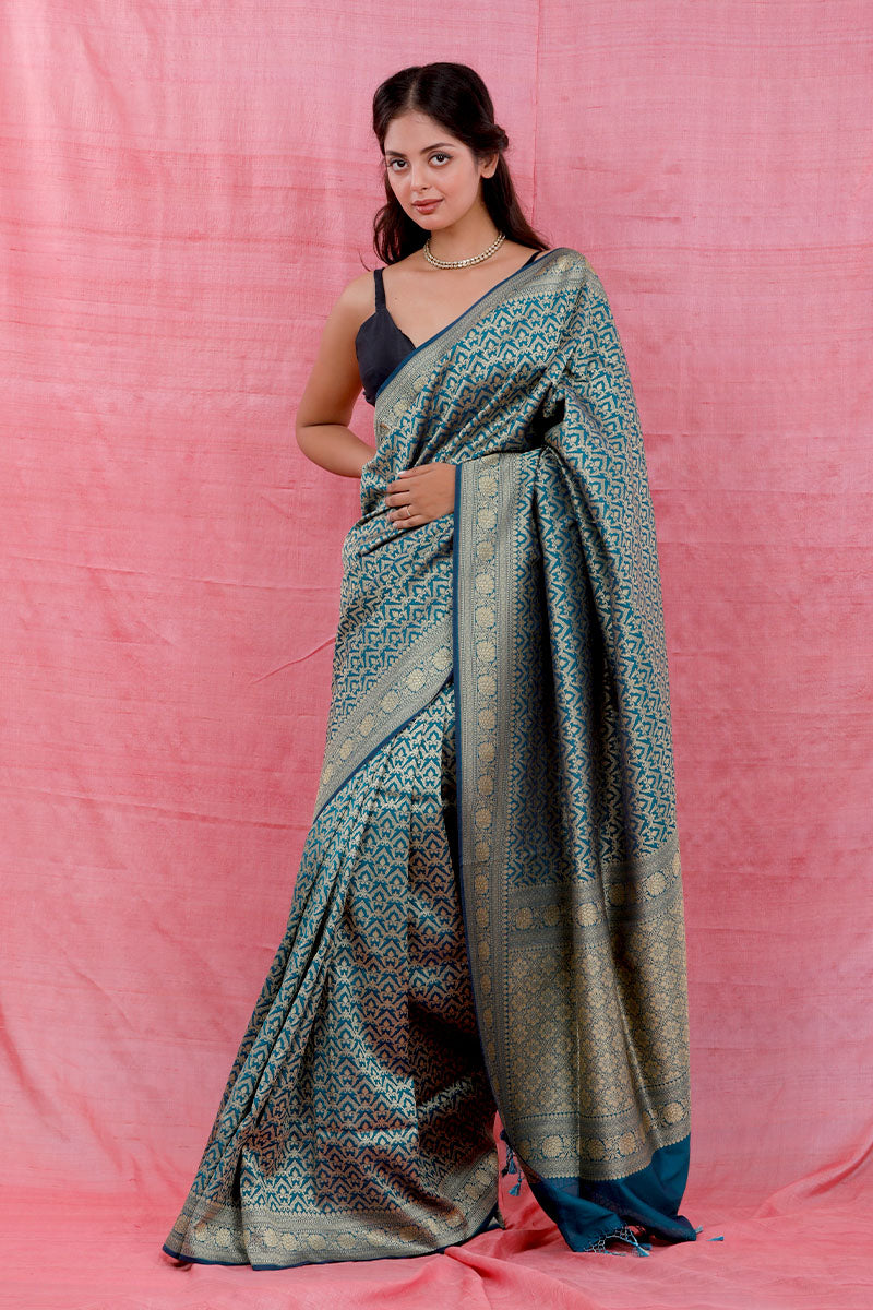 Teal Blue Ethnic Woven Casual Silk Saree - Chinaya Banaras