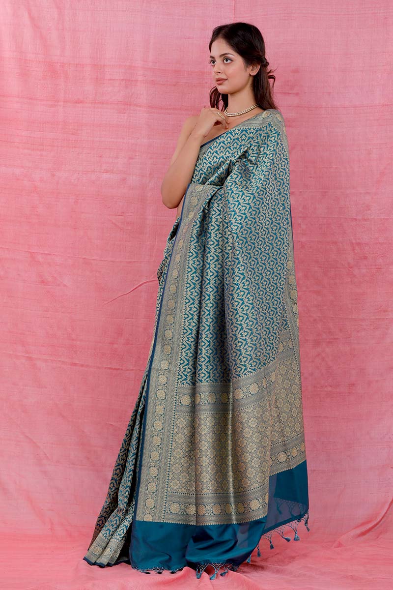 Teal Blue Ethnic Woven Casual Silk Saree