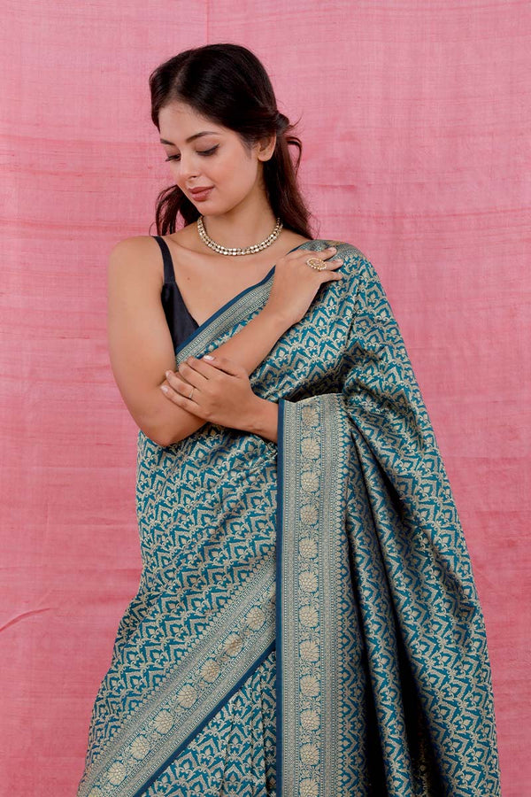 Teal Blue Ethnic Woven Casual Silk Saree - Chinaya Banaras