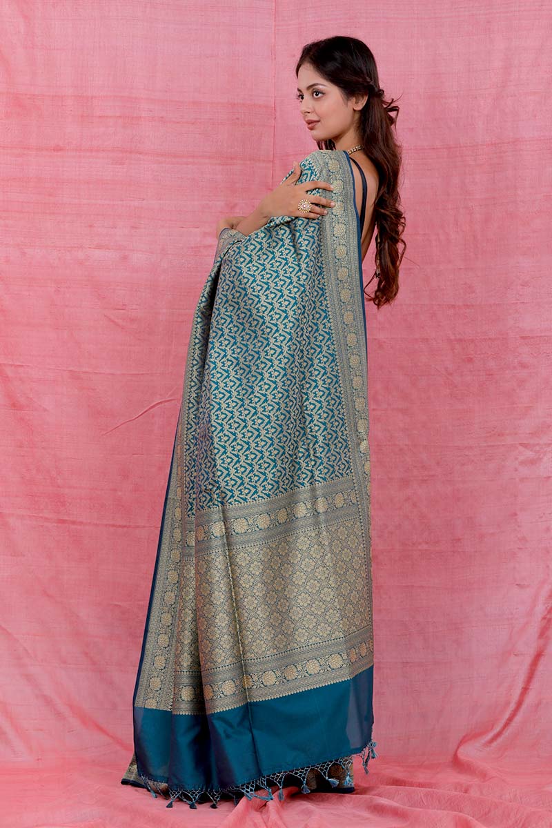 Teal Blue Ethnic Woven Casual Silk Saree - Chinaya Banaras