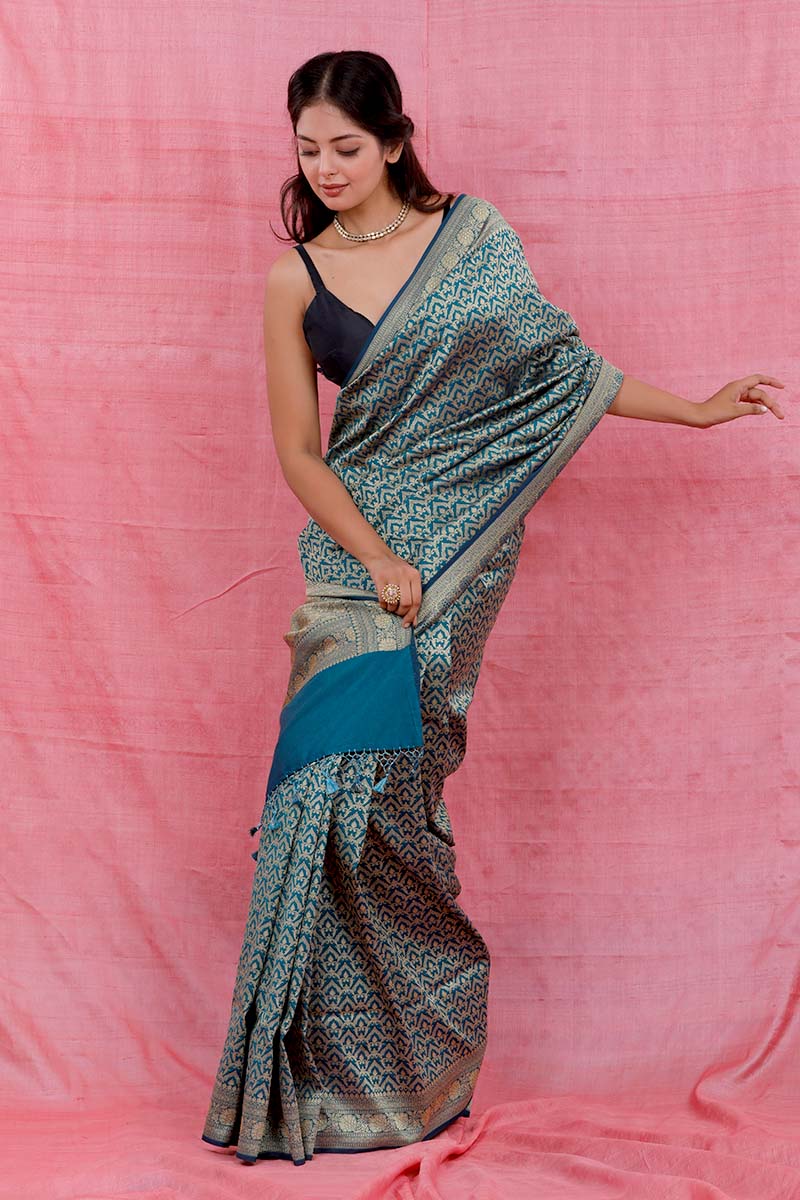 Teal Blue Ethnic Woven Casual Silk Saree - Chinaya Banaras