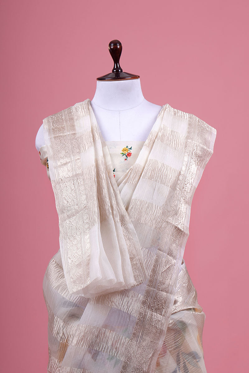 White Floral Printed Organza Silk Saree