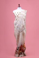 White Printed Organza Silk Saree By Chinaya Banaras