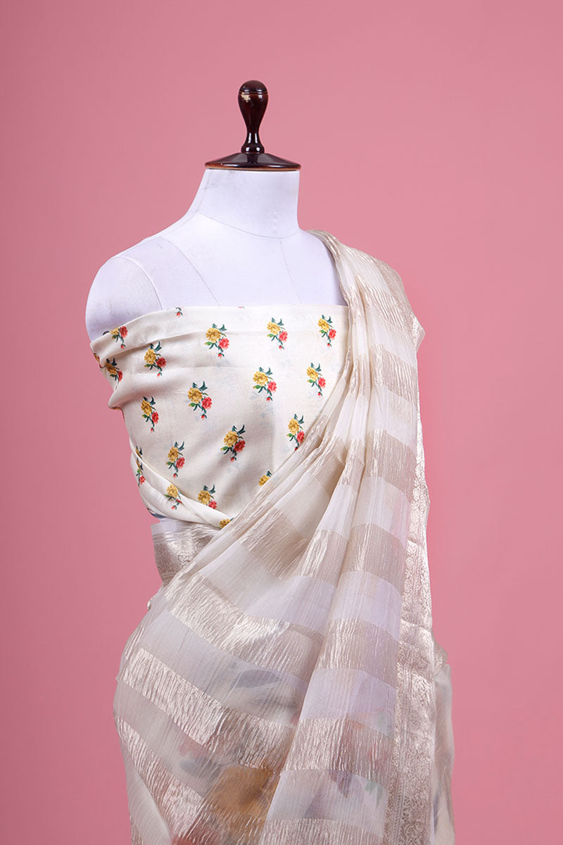 White Floral Printed Organza Silk Saree