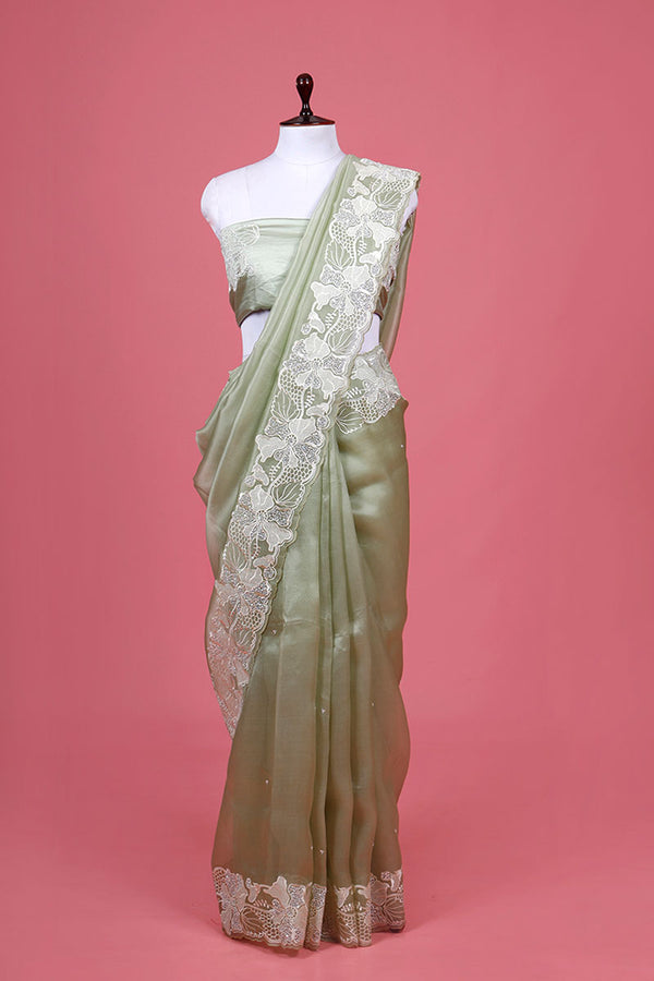 Green Floral Embroidered Organza Silk Saree By Chinaya Banaras