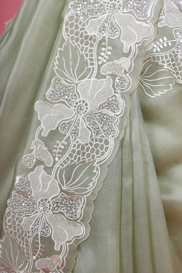 Sage Green Floral Embroidered Organza Silk Saree