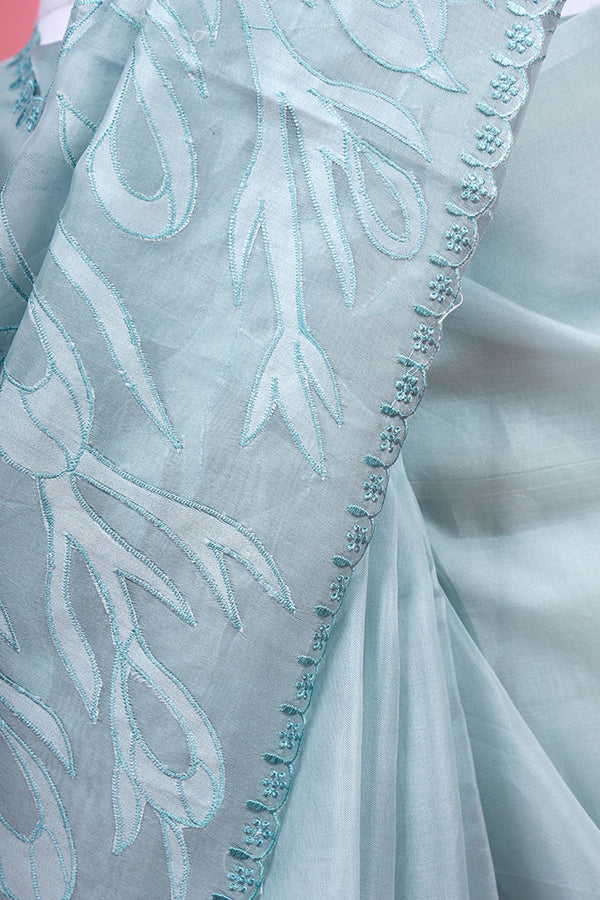 Powder Blue Applique Organza Silk Saree