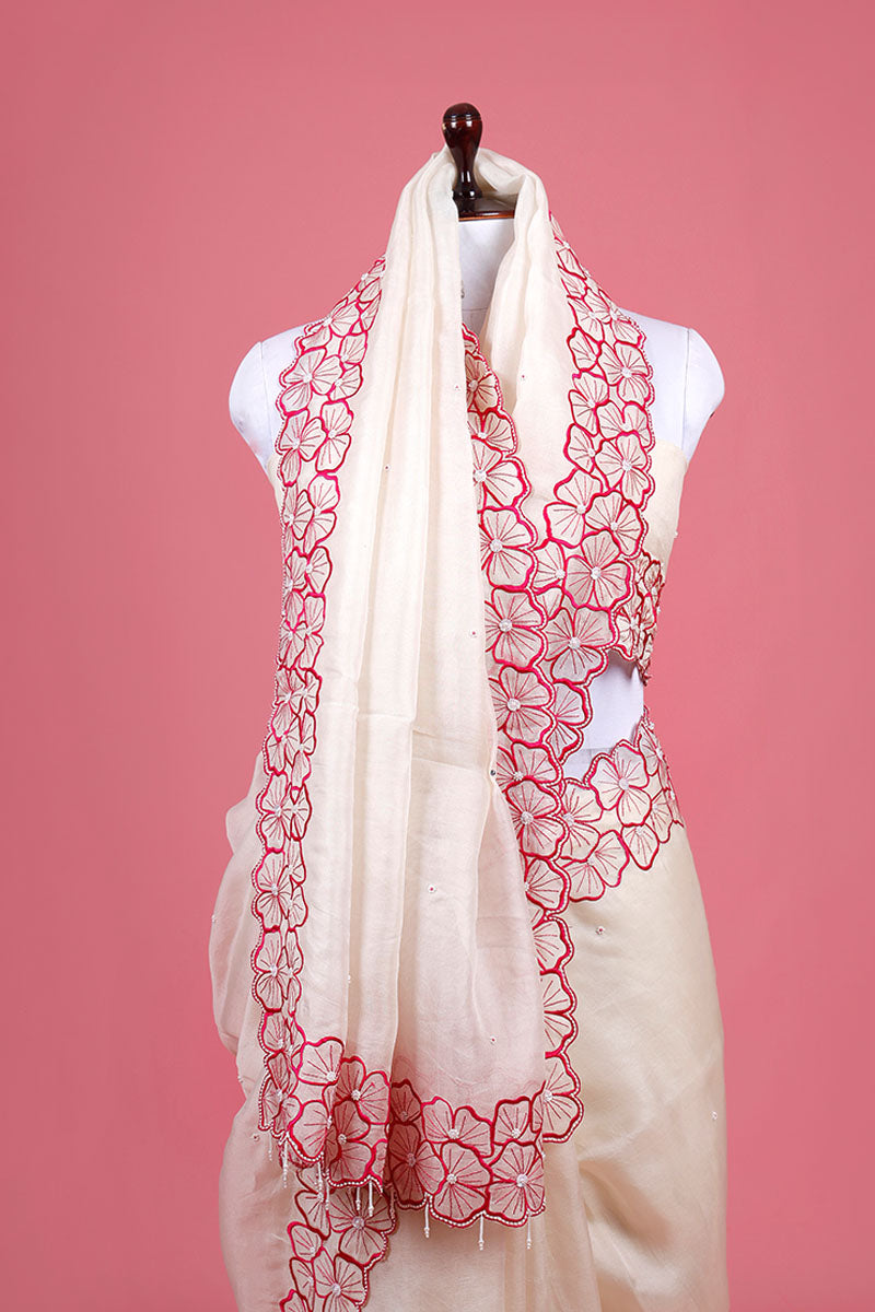 White Floral Embroidered Organza Silk Saree