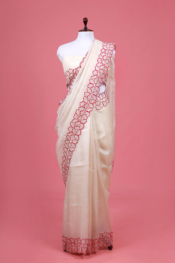 White Embroidered Organza Silk Saree By Chinaya Banaras