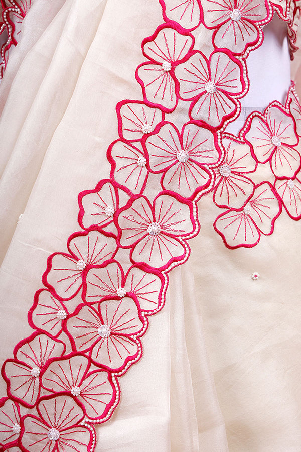 White Floral Embroidered Organza Silk Saree